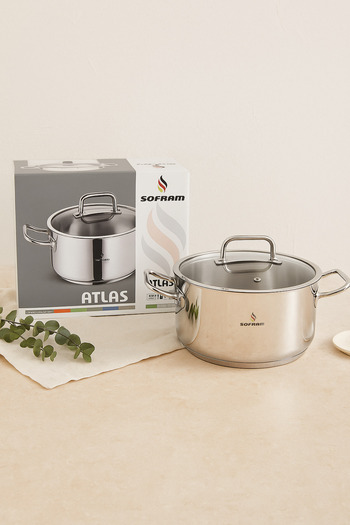 Sofram Yeşiltan Sofram Atlas Series 26 cm Deep Pot – 6.80 Liters, 18/10 Stainless Steel, Glass Lid