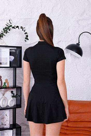 Newness Fashion Forwoard Kadın Fermuar Detaylı Şort Etekli Tulum Mayo Siyah