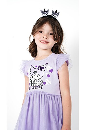 Buse&Eylül Bebe Kuromi Lilac Tulle Detail Short Sleeve Girl Dress