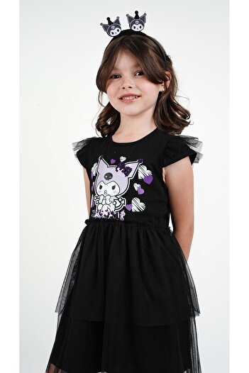 Buse&Eylül Bebe Kuromi Black Tulle Detailed Short Sleeve Girl's Dress