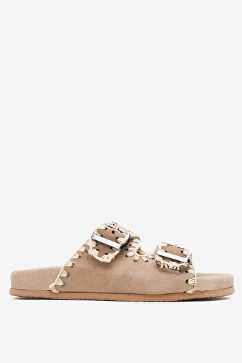 Dericlub Dericlub Women's Drawstring Double Strap Casual Slippers Real Suede Leather Zy 7900 Beige