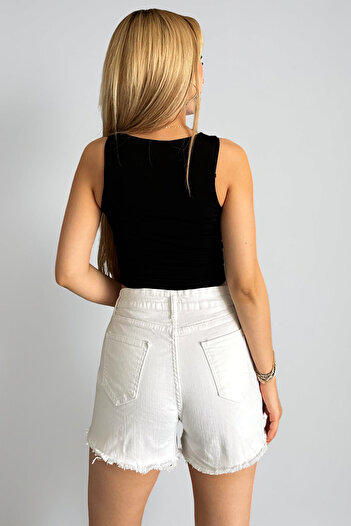 Jacarsman Women's Pearl Stone Embroidered Pocket Slit High Waist White Lycra Short Denim Shorts