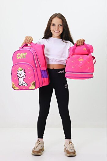 Probag Kız Çocuk CAT Temalı 3'li Okul ve Beslenme Çantası Seti – Pembe & Sevimli Kedi Desenli