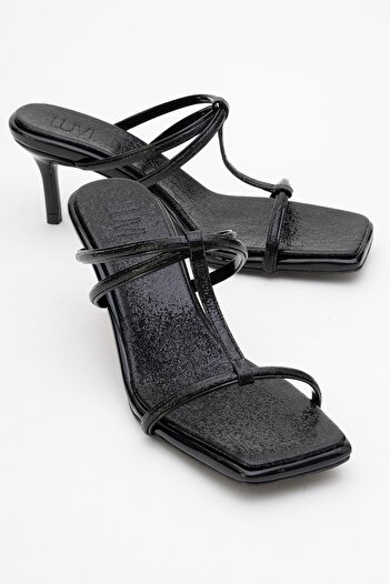 LuviShoes Mocha Black Patterned Square Toe Thin Strap Women's Heeled Slippers