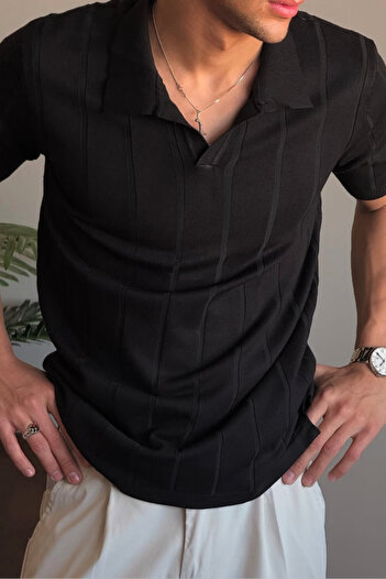 Tarz Cool Men's Black Striped Short Sleeve Knitwear T-Shirt