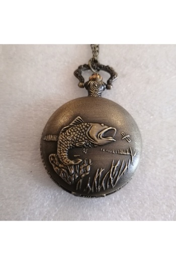 Butik Tülin Unisex Authentic Bronze Big Fish Shackle Pocket Watch Necklace 4.5X47Cm Made in Thailand