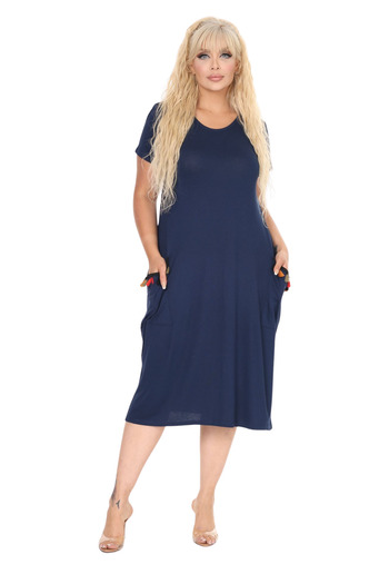 MELSAY Women's Short Sleeve Navy Blue Pockets Tassel Detailed Midi Dress