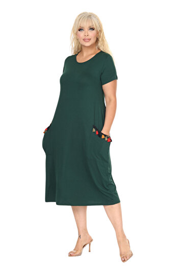 MELSAY Women's Short Sleeve Emerald Pockets Tassel Detail Midi Dress