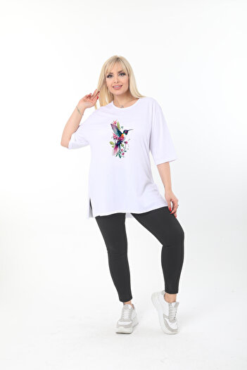 ÇİFTXL Large Size Knitted Viscose White Printed Salas T-Shirt