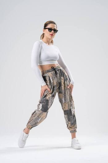 SUPERBLUE Kadın Desenli Yazlık Bej Jogger Şalvar Pantolon