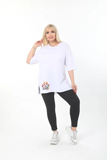 ÇİFTXL Large Size Knitted Viscose White Printed Salas T-Shirt