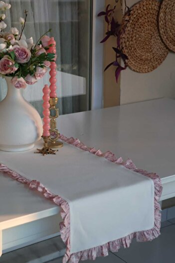 vintagetasarım runner βολάν κρέμα λουλούδι vintage λινό πάπιας 40x130cm