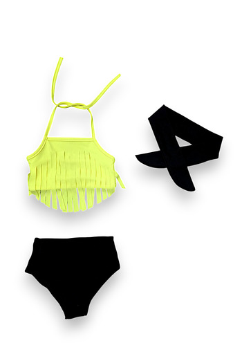 Lolliboomkids Girl's Neon Yellow Color Tasseled Bikini Set with Bandana Set of 3