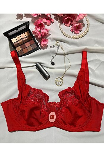 bunq Red Lace Detailed Combed Cotton Fabric Underwire (Wire) Gathering Bra