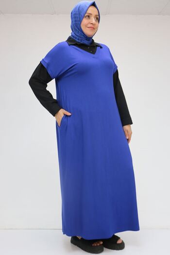 Eslina 52009 Large Size Sleeve and Collar Garnished Combed Cotton Dress - Indigo-Black