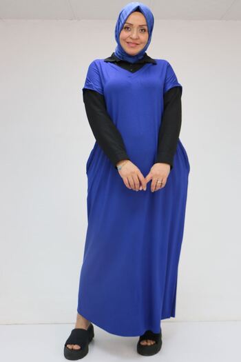 Eslina 52009 Large Size Sleeve and Collar Garnished Combed Cotton Dress - Indigo-Black