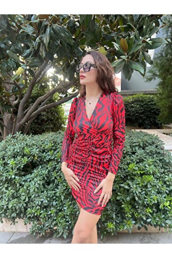 ETİLER COLLECTION   Women's Long Sleeve Double Breasted Collar Front Gathered Zebra Pattern Diver Dress