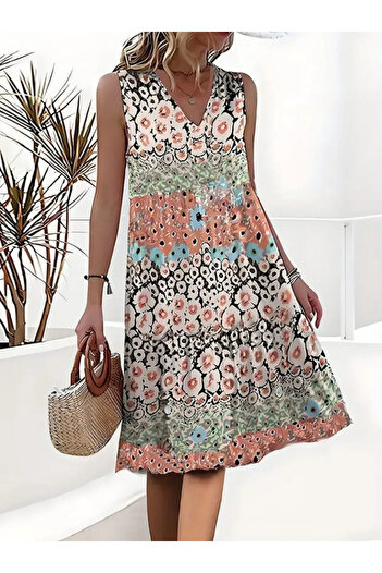 buğrahayalin Women's Sleeveless V-Neck Floral Print Single Jersey Dress