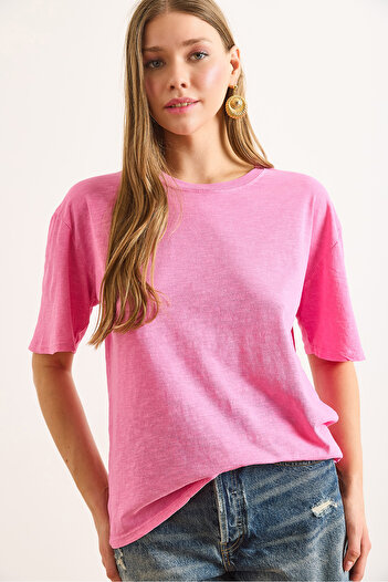 Olalook Women's Pink Washed Comfortable Fit T-Shirt Tsh-19000931