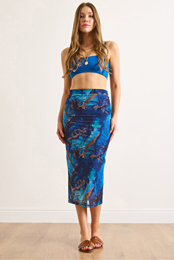 Olalook Women's Blue Lined Digital Midi Tulle Skirt Etk-19000336
