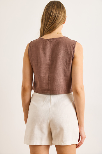 Olalook Women's Brown Flam Linen Crop Blouse Blz-19002925