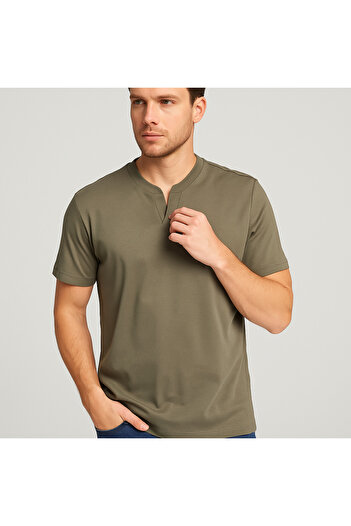 UOMOPARK 2124 Henley T-shirt Καφέ με λεπτομέρεια με κουμπιά Basic Casual T-shirt