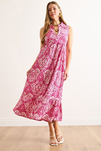Olalook Women's Fuchsia Shirt Collar Elastic Waist Long Dress Elb-19002468