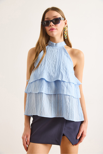 Olalook Women's Blue Halter Neck Layered Blouse Blz-19003040