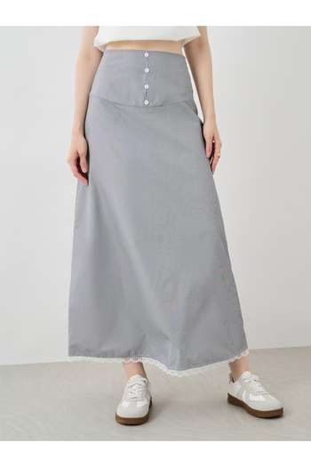 Styli Striped Lace Hem Buttoned Maxi Skirt