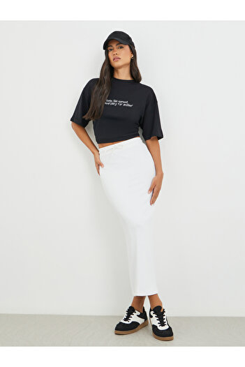Styli Solid Knitted Terry Shift Midi Skirt