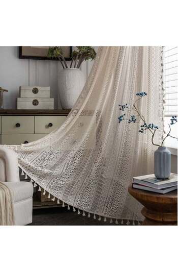 COOYA 1 piece Lace Cotton Curtains with Semi-Shade and Bohemian Trim for Bedroom, 59x63 Inch, beige