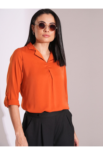 Globus By Styli Solid Roll Up Sleeve Regular Fit Top