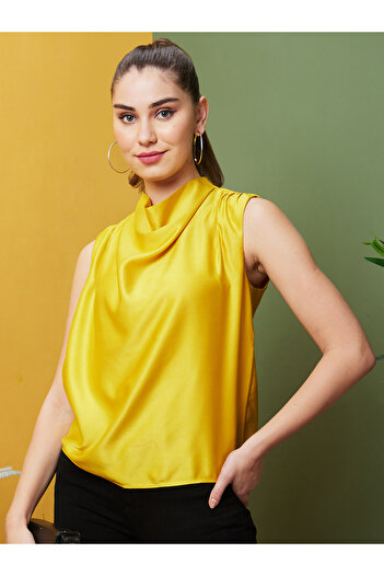 Globus By Styli Women Yellow Solid Cowl Neck Satin Top