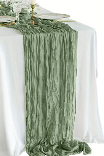 Hobi Goom Rustic Green Chiffon Draped, Wrinkled Textured Decorative Fabric Bohemian Table Runner |   180X80Cm