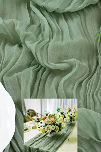 Hobi Goom Rustic Green Chiffon Draped, Wrinkled Textured Decorative Fabric Bohemian Table Runner |   180X80Cm
