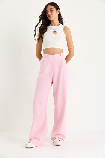 Bianco Lucci Women's High Waist Pleat Detailed Linen Palazzo Trousers 3990 40881029
