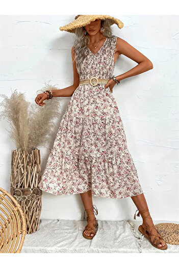 Take Two By Styli Floral Print V-Neck Sleeveless Midi Dress