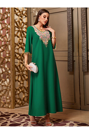 Take Two By Styli Embroidered Round Neck Jalabiya with 3/4 Sleeves