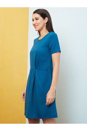 Globus By Styli Women Solid Round Neck A-Line Mini Dress with Pleated Waist