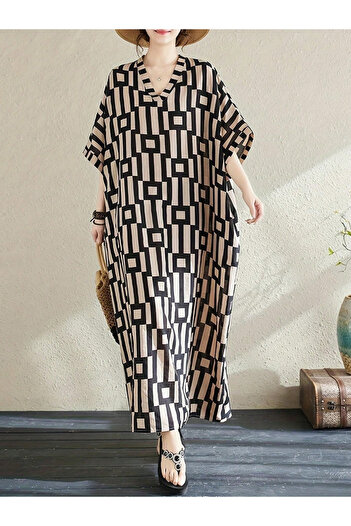 Take Two By Styli Women Geometric Print V Neck Short Sleeve Kaftan