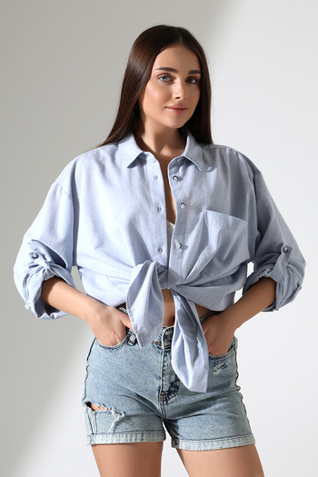 Corradeo Giyim New Season Oversize Pattern Cotton Linen Fabric Applique Pocket Epaulet Women's Shirt