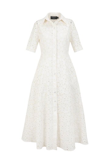 Exquise Fisko Patterned Cotton Midi Length Shirt Dress