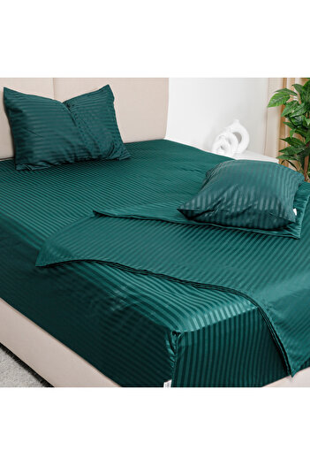 Bed N Home SA Satin fitted bed sheet set, striped, 1 cm, green, 100% Egyptian cotton, 350 thread count, 2 pillowcases, 140*200 cm