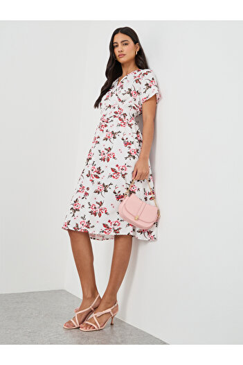 Take Two By Styli Floral Print V-Neck Smocked Detail Knee Length Dress