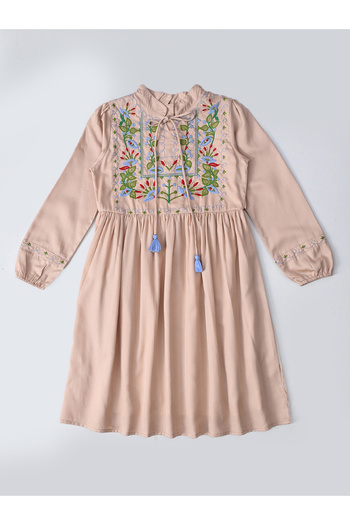 Bella Moda By Styli Embroidered Tie-Up Neck Knee-Length Dress