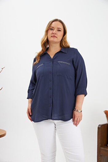 RMG Chain Embroidery Detail Large Size Shirt Navy Blue