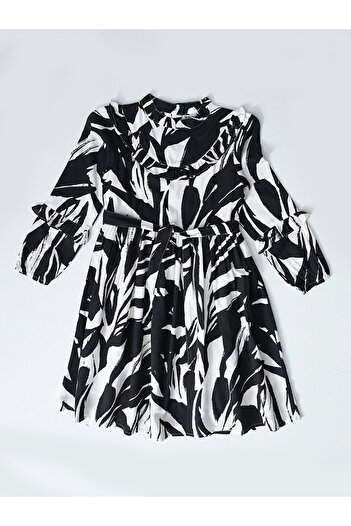 Bella Moda By Styli Abstract Print Mandarin Collar Cotton Dress with Ruffle Trim
