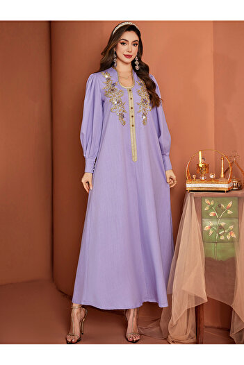 Take Two By Styli Flora Embroidered Lantern Sleeve Maxi Jalabiya Dress