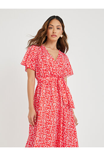 Take Two By Styli Women Red Ditsy Print V Neck A-Line Midi Dress with Tie Waist