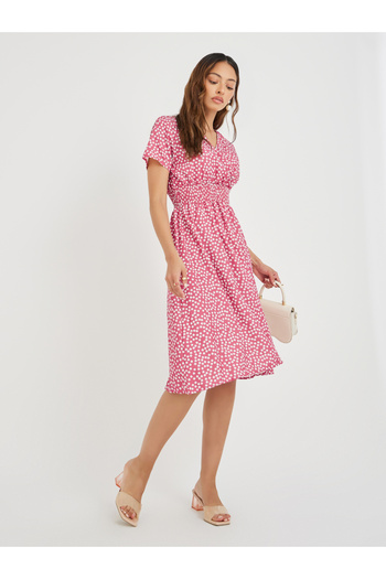 Take Two By Styli Women Pink Ditsy Floral Print V Neck A-Line Knee Length Dress